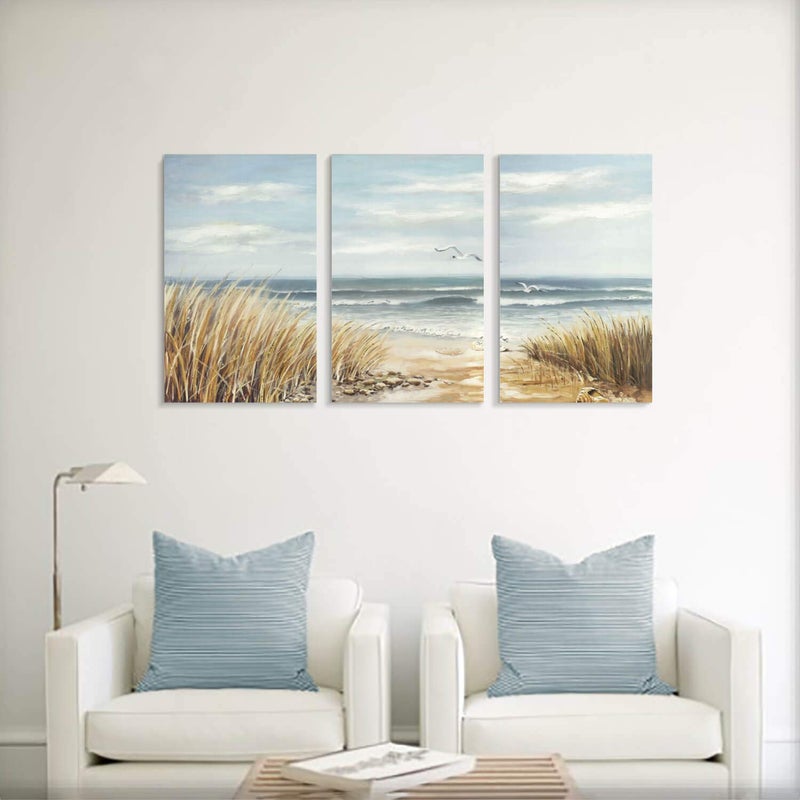Hardy Gallery Abstract Beach Canvas Wall Art: Seashore Grasses Artwork Print Seascape Painting for Walls (26'' x 16'' x 3 Panels) - Image 3